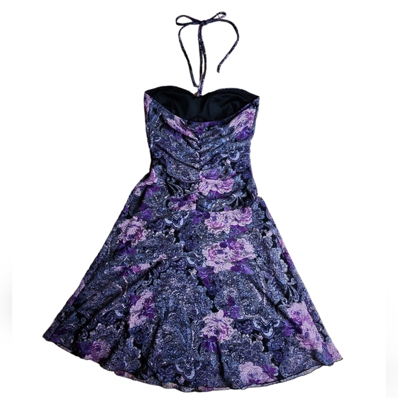 Le Château Strapless Ruched Purple Floral Mesh A-line Dress - Picture 2 of 7